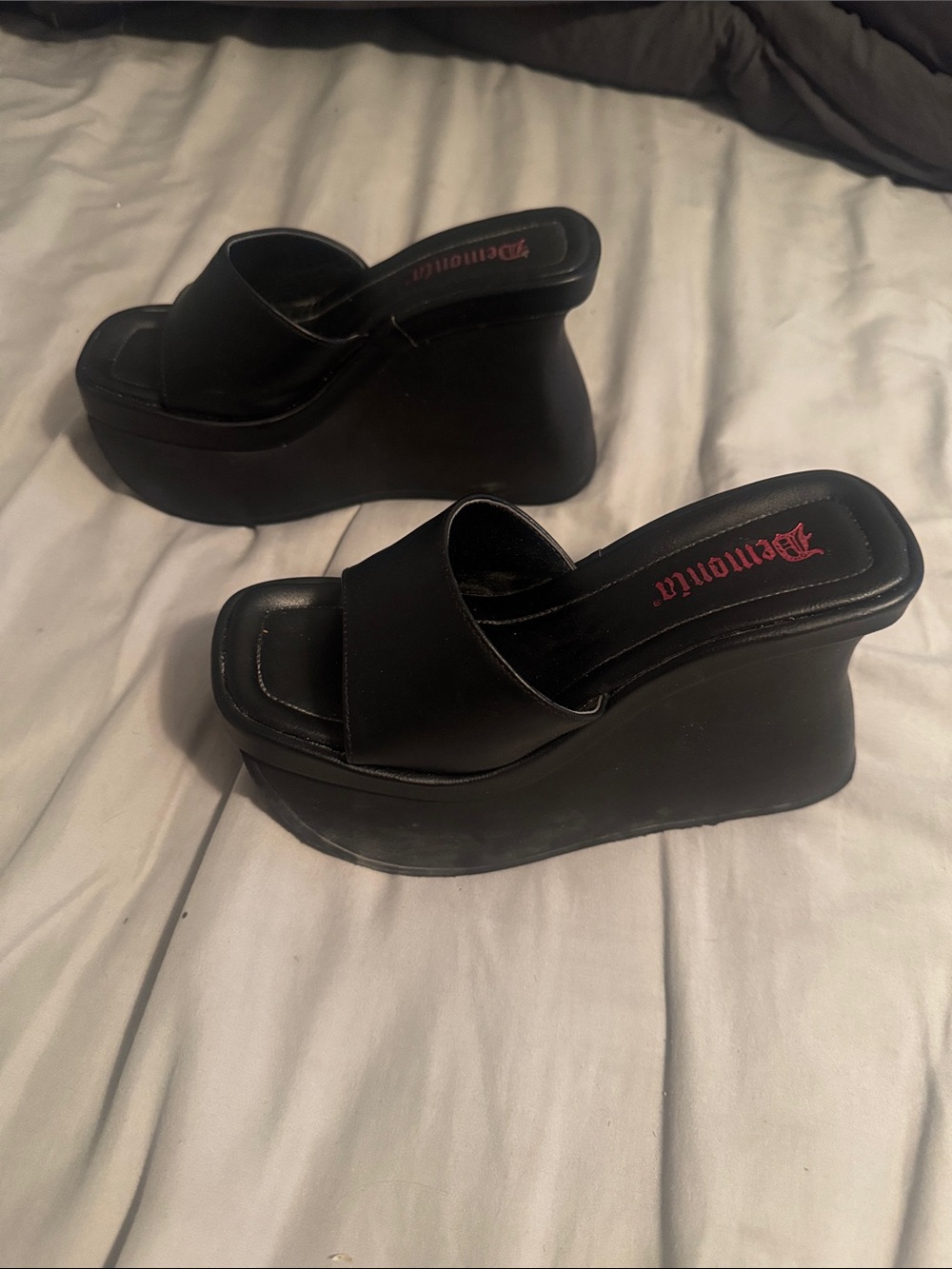 Demonia Black Platform Slide Wedges with Red Logo